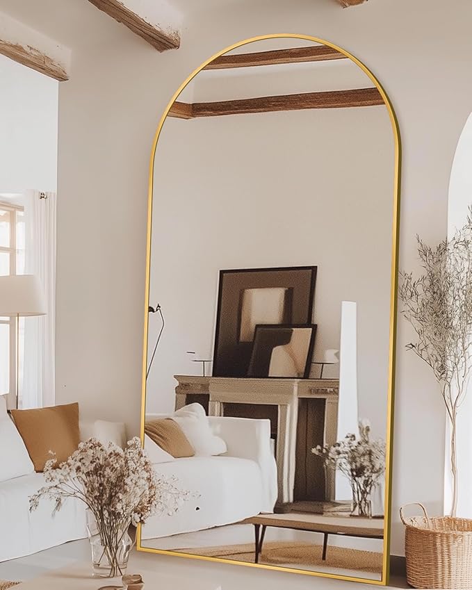 Full Length Mirror with Stand, 78"x38" Arched Full Body Mirror, Large Stand Up Mirrors, Aluminum Frame Floor Standing Mirrors, Freestanding Hanging Leaning Mounted for Bedroom Living Room, Gold