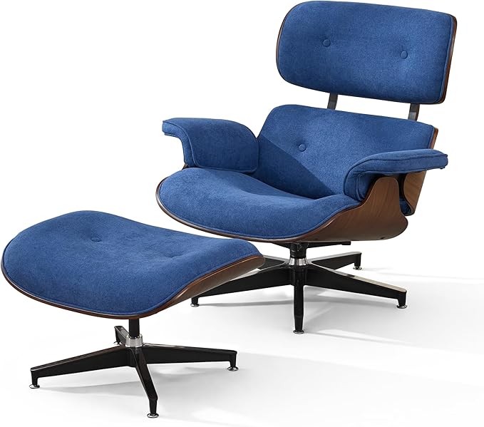 Chaise Lounge Chair with Ottoman, Top Black Grain Leather Recliner Chair, Modern Classic Office Chair with Ergonomic Lumbar Support, Heavy Duty Base Support for Bedroom Living Room Office (Blue)