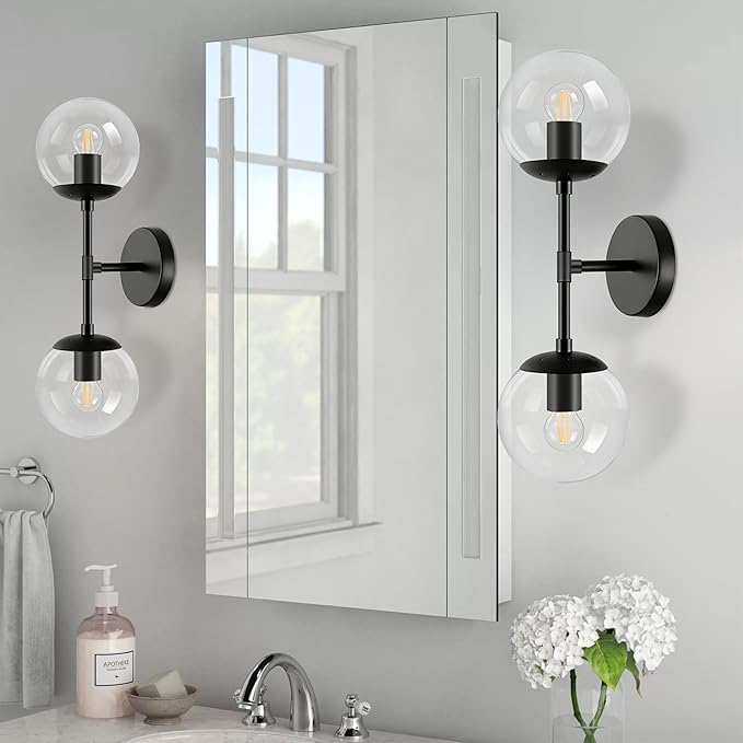 KoKo&Yukina 2 Pack Mid Century Modern Bathroom Vanity Light Matte Black Vanity Lighting Fixtures Modern Wall Sconce 2-Lights Globe Vanity Light with Clear Glass Shade for Bathroom(Bulb Incl.)