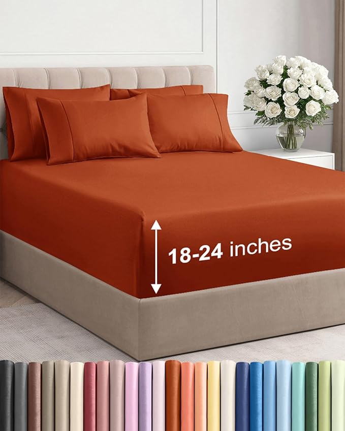 Extra Deep Cal King Sheet Set - 6 Piece Breathable and Cooling Sheets - Hotel Luxury Bedding for Women, Men, Kids & Teens - Easy & Secure Fit - Soft and Wrinkle Free - Extra Deep Pockets - Terracotta