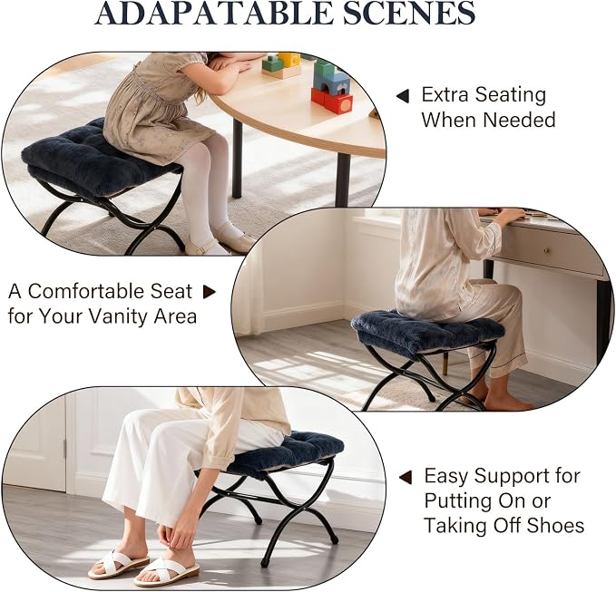 Furlide Saucer Chair with Ottoman, Comfy Doorm Chairs, Oversized Folding Faux Fur Chair, Foldable Metal Frame Chair for Bedroom, Living Room(Navy Blue)
