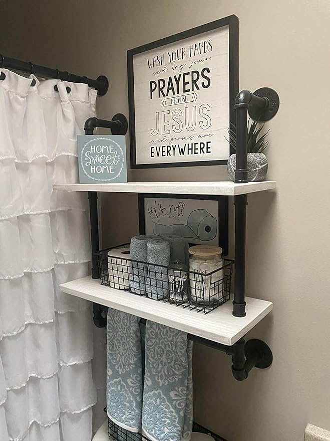 ROGMARS White Floating Shelves for Wall Bathroom 24 Inch,Industrial Pipe Shelving Wall Mounted Shelves with Towel Bar Hooks Coffee Bar Shelves Wine Hanging Display Rack Bookshelf Living Room Decor