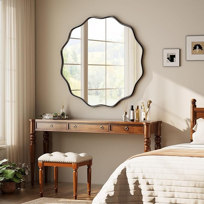 Round Wavy Mirror - 24 Inch Bathroom Vanity Mirror Metal Frame Circle Wall Mounted Mirror for Bedroom Living Room Entryway, Black