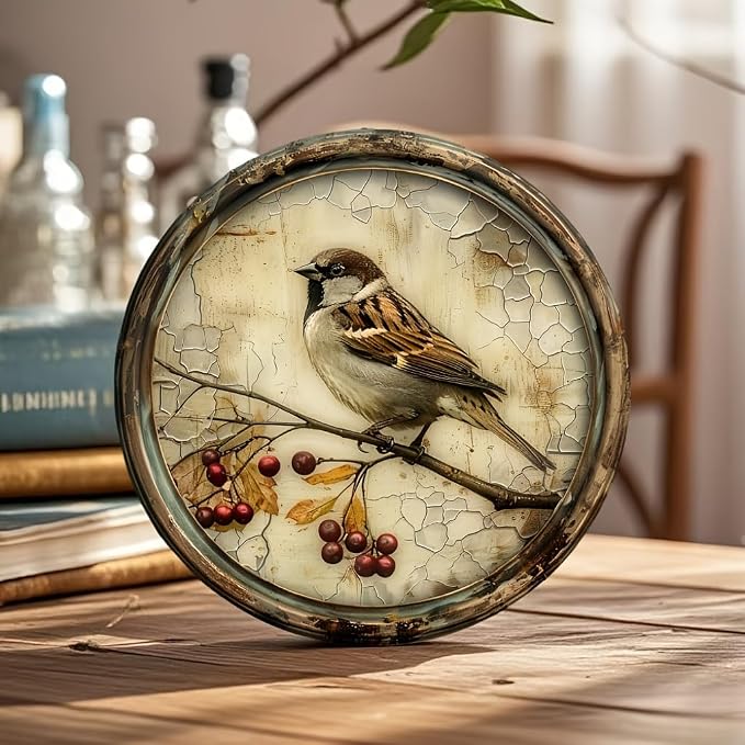 A Vintage Bird with a Cherry Round Wooden Sign, 8X8 Inches, Printed Wooden Wall Art, Suitable for Home, Kitchen, Garden, And Office Decor - The Perfect Holiday Gift.