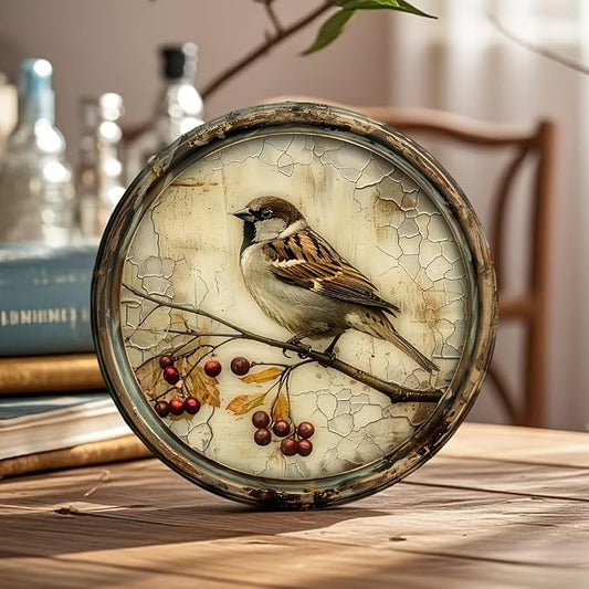 A Vintage Bird with a Cherry Round Wooden Sign, 8X8 Inches, Printed Wooden Wall Art, Suitable for Home, Kitchen, Garden, And Office Decor - The Perfect Holiday Gift.