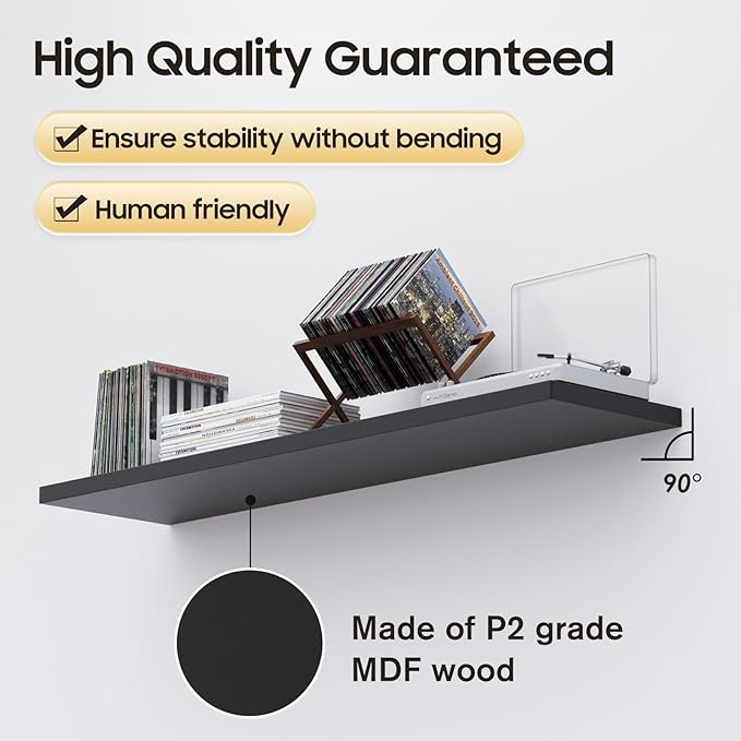Floating Shelf, Set of 1 Wall Shelf, 24 in W x 12.75 in D x 2 in H Wooden Floating Wall Shelf with Invisible Brackets for Living Room/Bedroom/Bathroom/Kitchen Storage and Decor, Black