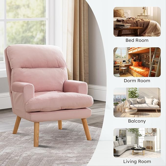 Accent Chair with Ottoman Comfy Reading Chair Armchair with Adjustable Backrest and Side Pockets Soft Fabric Leisure Sofa for Bedroom, Living Room, Dorm Rooms, Garden, Pink
