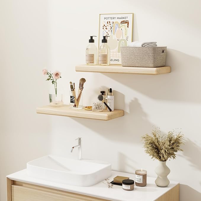 Axeman 24Inch Natural Wood Floating Shelves for Wall|Rustic Wooden Shelves for Bedroom Kitchen Bathroom|Storage Shelf with Invisible Bracket for Wall Mounted|Set of 2|Natural Color