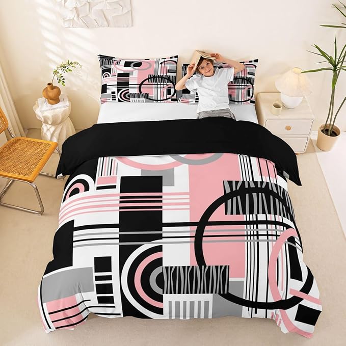 Erosebridal Art Deco Mid Century Duvet Cover Set Retro Modern Abstract Geometric Queen Bedding Set for Child Boys Black and White Pink Circles Stripes Comforter Cover Contemporary Bed Sets