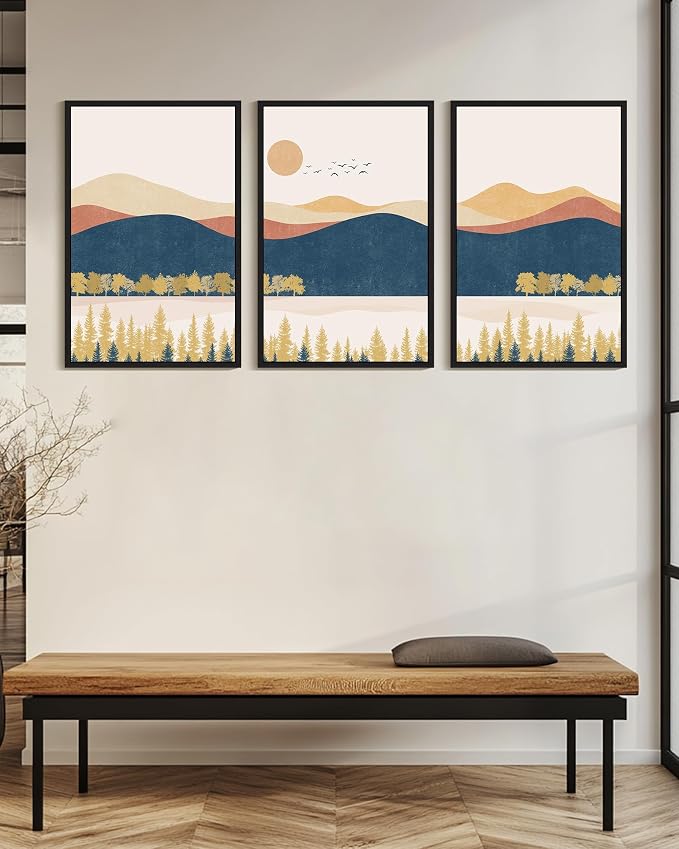 KUVIOKE Bohemain Mountain Landscape Framed Canvas Wall Art Watercolor Nature Artwork Painting Boho Farmhouse Rustic Room Decor for Bedroom Living Room 24x36in (Black Framed)