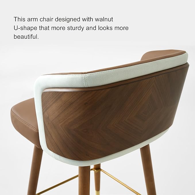 ARTPLAN Mid Century Modern Bar Stools Set of 6 for Counter Height - Leather Upholstered Seat with Walnut Wood Frame, Retro 34 Inch Bar Chairs for Home Kitchen Island, Bar, Breakfast Nook,Brown