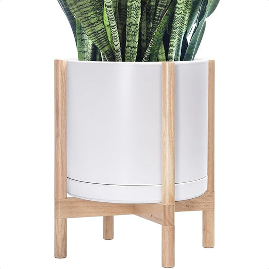 D'vine Dev Ceramic Planter with Natural Stand - 14 Inch Modern Round Flower Pot with Wood Planter Holder, White, 55-B-R-1