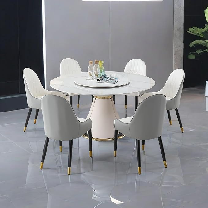 59'' Round Marble Dining Table Set with 6 Chairs for 6-8, Kitchen Table, Dining Room Table Set Petal Pu Leather & Metal Base