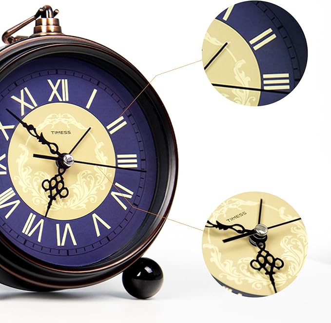 TIMESS Vintage Analog Alarm Clock, 4.3" Silent Non-Ticking Quartz Desk Clock with Roman Numerals, Battery Operated Table Clock for Bedroom, Living Room, Office, or Gift (Blue)