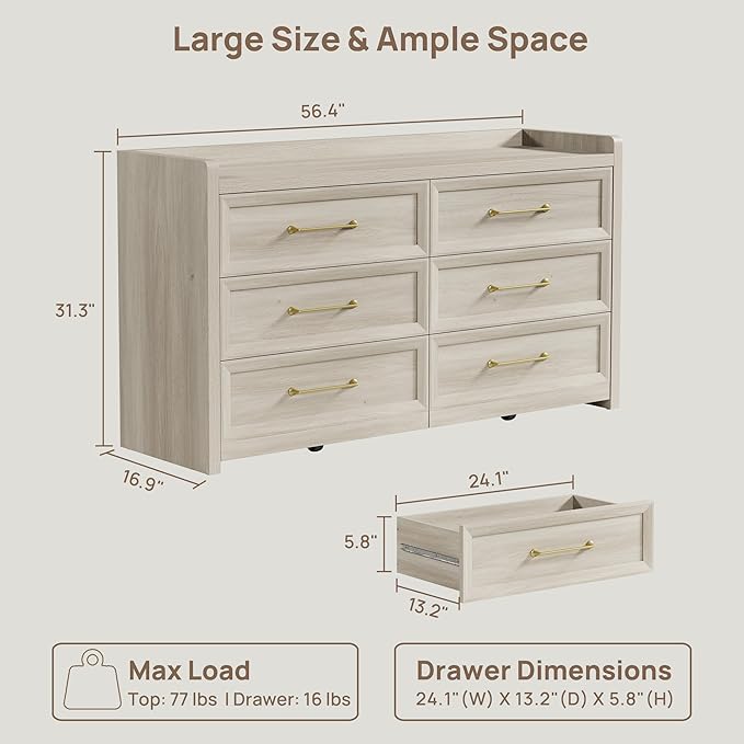 SICOTAS 6 Drawer Dresser for Bedroom-112.8" Extra-Wide Wooden Chest of Drawers with Large Storage, Long Dresser TV Stand with Drawers, Farmhouse Closet Dressers for Nursery, Grey White Oak, 2PCS