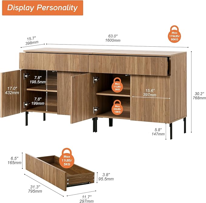 WAMPAT 63" W Large Sideboard Buffet Cabinet with Storage, 2 in 1 Fluted Sideboard Buffet with 4 Doors, Wooden Buffet Table, Coffee Bar Wine Bar Cabinet for Dining Room, Living Room, Light Walnut