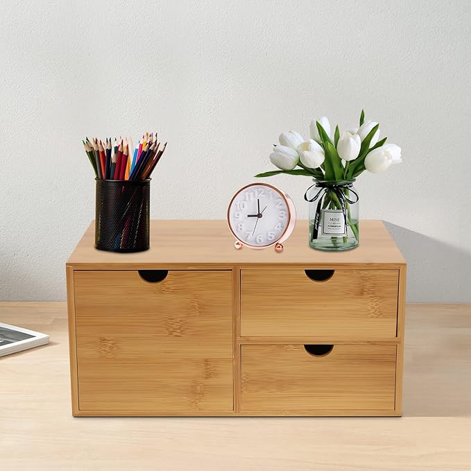 Bamboo Desk Organizer Small Retro Bamboo Tabletop Storage Box with Drawers& Recess Handles for Office Home Supplies Table Storage Collector 13 * 7.5 * 6in (3 Drawers/1 Left&2 Right)