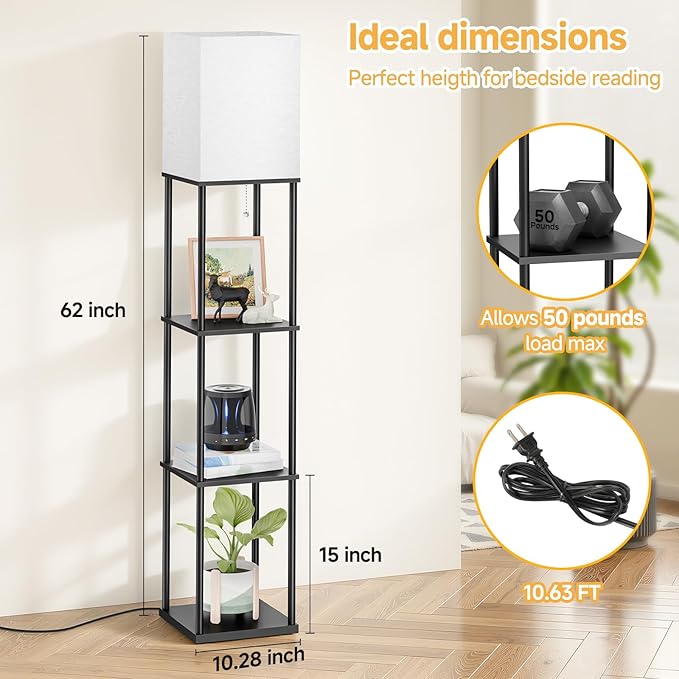 SHINE HAI Floor Lamps with Shelves for Living Room, 3-Tier Square Modern Standing Lamp with 3CCT Bulb, 11W 950LM Brightness, Tall Shelf Lamp for Bedroom, Office, Bookshelf & Display Organizer