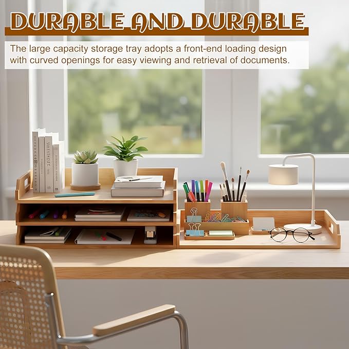 AceOrbit 4 Pcs Stackable Paper Tray Bamboo Wood Desk Organizer Letter Tray 4 Tier Wooden File Organizer Desk Shelf for Documents, Letter Sorter, Envelopes and Magazine Holder