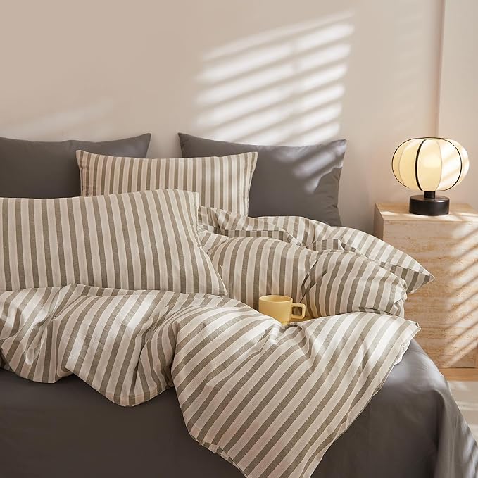 VM VOUGEMARKET Grey Striped Duvet Cover Set Queen 100% Washed Cotton Bedding Set 3 Piece Grey White Stripes Comforter/Quilt Cover with Zipper Closure Corner Ties,Modern Cozy for Boys Men