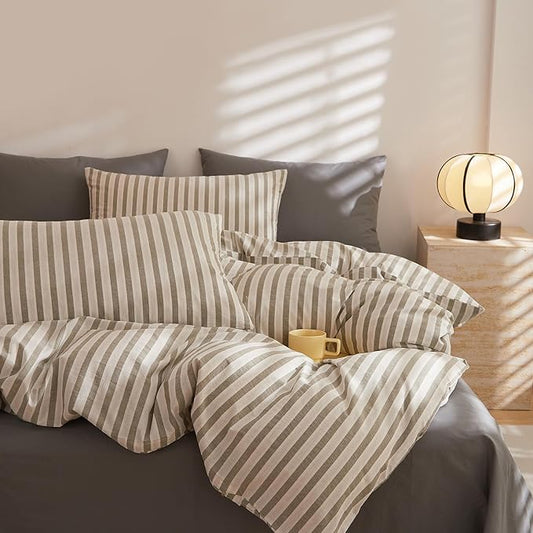 VM VOUGEMARKET Grey Striped Duvet Cover Set Queen 100% Washed Cotton Bedding Set 3 Piece Grey White Stripes Comforter/Quilt Cover with Zipper Closure Corner Ties,Modern Cozy for Boys Men