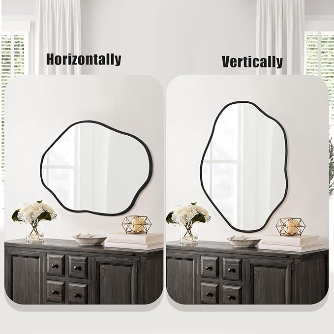 ULIKE Irregular Wall Mirror, 24x36 Inch Black Asymmetrical Mirror with Solid Wood Frame, Abstract Organic Shape Vanity Mirrors for Bathroom Bedroom Living Room Entryway