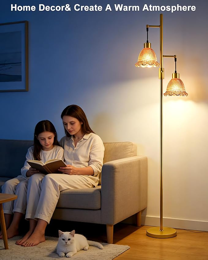 2-Light Modern Glass Floor Lamp, Gold Tall Standing Lamp with Deep Red Bell Glass Shade for Reading, Dimmable LED Floor Lamp with 5Lbs Heavy Base for Living Room Bedroom Home Decor, Bulb Included