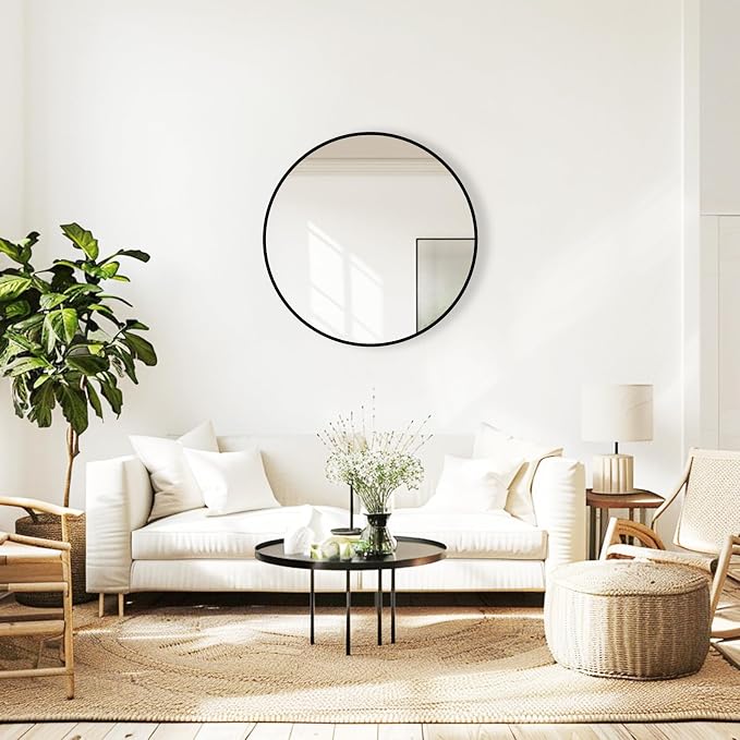 Round Wall Mirror, 20 inch Black Circle Mirror, Black Metal Frame Round Mirrors, Circle Wall Mounted Mirrors for Bathroom, Living Room, Bedroom, Entryway, Vanity