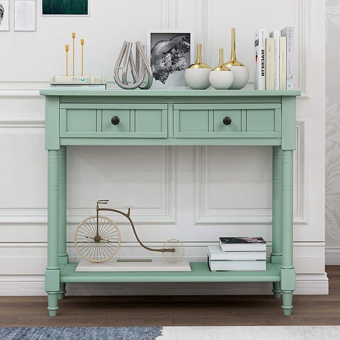 35.43” Console Table with Drawers & Bottom Open Shelf, Rustic Entryway Table with Storage, Retro Blue