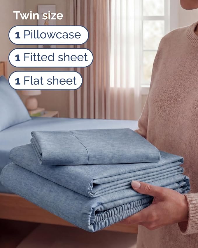 Twin Size 3 Piece Sheet Set - Comfy Breathable & Cooling Sheets - Hotel Luxury Bed Sheets for Women & Men - Deep Pockets, Easy-Fit, Soft & Wrinkle Free Sheets - Heathered Blue Oeko-Tex Bed Sheet Set