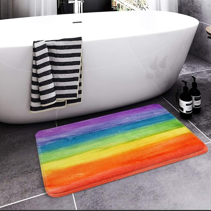 Britimes Bath Mat for Bathroom, Colorful Stripe Rainbow Washable Cover Floor Rug Carpets Floor Mat Bathroom Decorations 18x30 Inches for Kitchen Bedroom Indoor