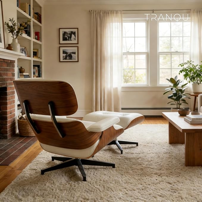 Mid-Century Genuine Top Grain Leather Chaise Lounge Chair & Ottoman, Walnut Wood Base, Modern Classic Design for Living Room & Office