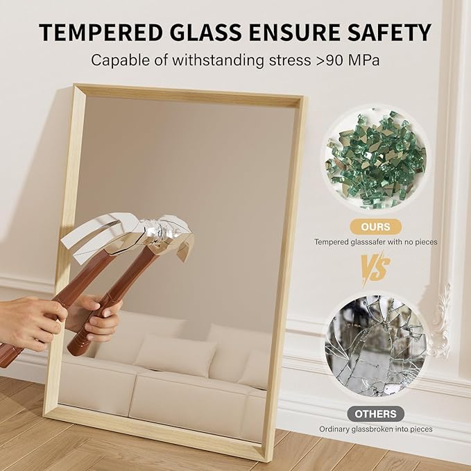 Oak Wood Effect Framed Wall Mirror, 22x30 Rectangle Mirror, Anti-desilvering Tempered Glass, Sustainable& Sturdy Frame, Anti-Rust, HD Reflection &3min Fast Setup for Bathroom Living Room
