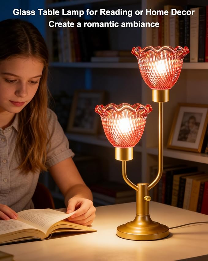 Lightdot Flower Glass Red Table Lamp Dimmable Mid Century Modern Vintage Gold Desk Lamp Nightstand Lamp 2 Bulbs Included Warmwhite Ambient Bedside Lamps for Living Room Bedroom Home Office Decor Gift