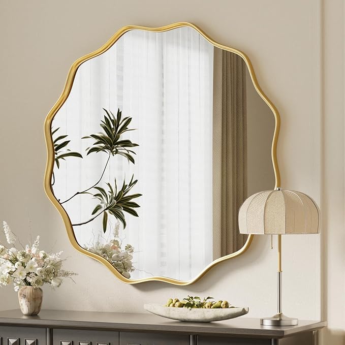 VooBang Gold Scalloped Circle Mirror, 30" Wavy Edge Round Wall Mirror with Tempered Glass Textured Circular Metal Deep Frame, Hanging Leaning for Bathroom, Hallway, Entryway, Livng Room