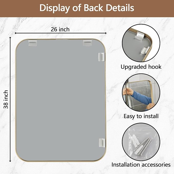 Gold Mirror, 26x38 Inch Framed Rectangle Mirror with Rounded Corner, Brushed Brass Mirror, Gold Bathroom Mirror for Over Sink, Vanity, Living Room, Bedroom, Horizontal/Vertical