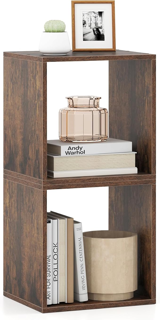 LOKO Stackable 2 Cube Storage Organizer, Cubby Storage Bookcase with Anti-toppling Device, 2-Tier Bookshelf, Combinable Record Player Stand for Living Room, Bedroom, Study (1, Rustic Brown)