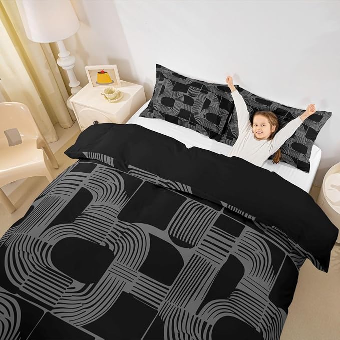 Erosebridal Black And Gray Full Bedding Set For Boys Bohemian Geometric Comforter Cover For Kids Teens Youth Adult Mid Century Abstract Duvet Cover Boho Stripes Minimalist Bed Sets With 2 Pillow Cases