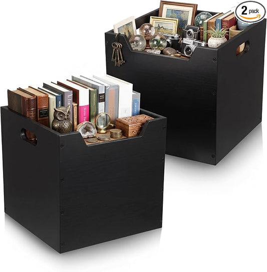 Colingmill 2 Pack Wooden Storage Box Bins Wood Crate with Open Front Stackable Cube Storage Organizer Bins for Books Records Home Pantry Clothes Toy Closet (11 Inch,Black)