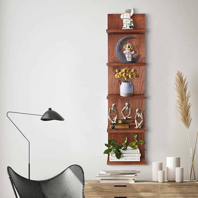 Wooden 5 Tier Wall Shelf,Vertical Column Floating Storage Home Decor Organizer,Floating Shelf Wall Decor Shelves for Bedroom, Living Room,Vanity(Walnut)