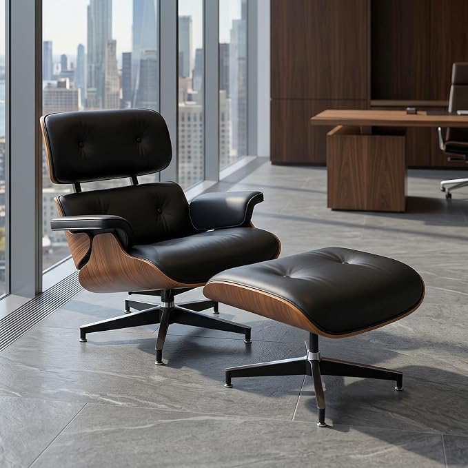 Mid-Century Modern Lounge Chair and Ottoman Set, PU Leather Accent Chair with Wood Finish, Modern Chair Classic Design Recline Swivel Reading Chair Heavy Duty Base Support for Living Room, Office