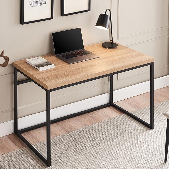 CENSI 47" Natural Oak Writing Computer Laptop PC Desk, Light Wood | Modern Industrial Writing Table, 1.6" Thick Wood Top, Sturdy Metal Frame, Home Office Workstation