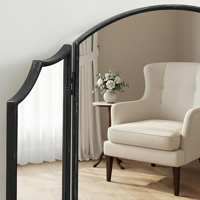 Besdomus Black Scalloped Dresser Mirror: 36"x24" Large Modern 3 Way Trifold Vanity Miror - Minimalist Wood Frame Three Sided for Bedroom/Cloakroom/Dressing Room - Home Decor for Housewife