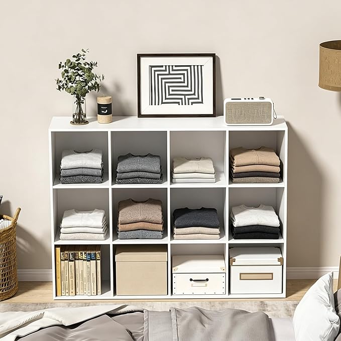 Wooden 12 Cube Storage Organizer with Closed Back Panel,White Cube Shelf Cubby Storage Organizer with Compartments for Living,Bookshelf, Easy to Install (White, 12-Cube-11in)