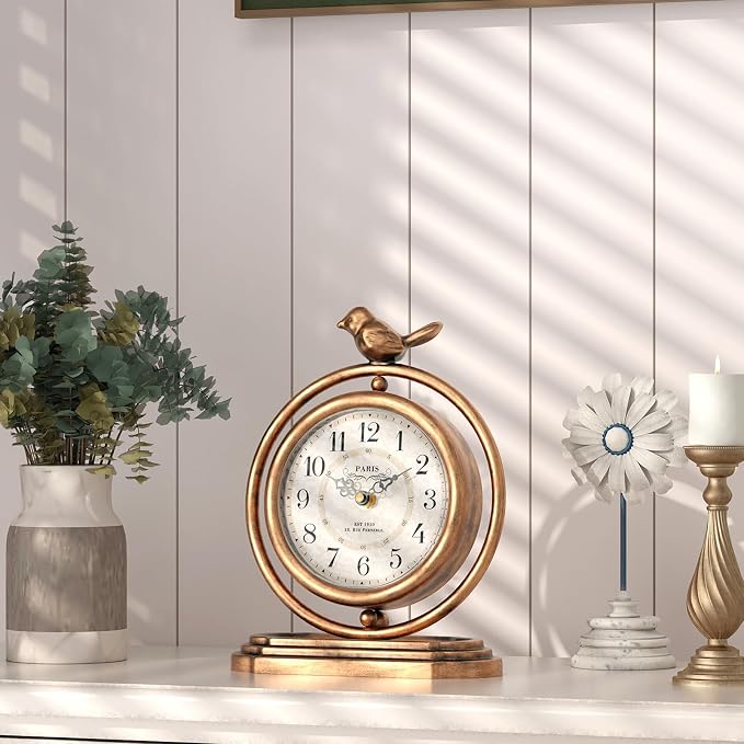Gold Vintage Table Clock with Bird, European Retro Style Mantel Clocks, Desk and Shelf Decor Clock, for Living Room, Farmhouse, Bedside, Bedroom, Gift (7.9" H x 6.3" W)