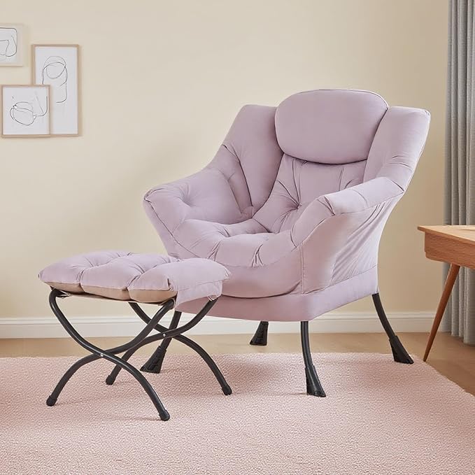 Tiita Lazy Chair with Ottoman, Purple Modern Large Accent Armchair, Comfy Leisure Sofa Reading Chair with Footrest for Bedroom, Living Room, Dorm Rooms, Garden, Velvet Light Purple