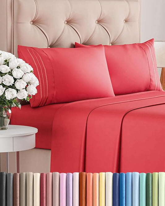 Cal King Size 4 Piece Sheet Set - Comfy Breathable & Cooling Sheets - Hotel Luxury Bed Sheets for Women & Men - Deep Pockets, Easy-Fit, Extra Soft & Wrinkle Free Sheets - Red Oeko-Tex Bed Sheet Set