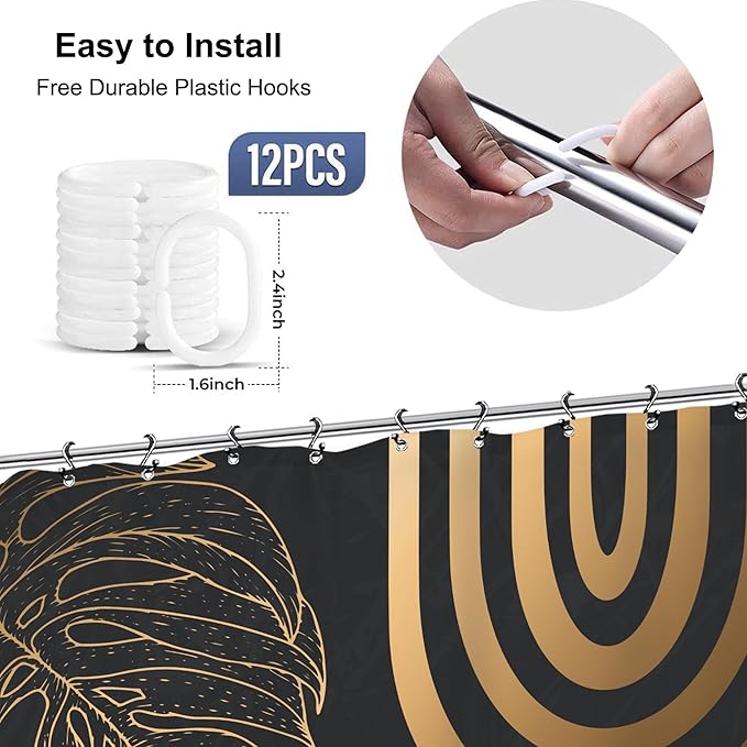 Yookeb Abstract Black Gold Minimalist Bathroom Shower Curtain 60W by 71H Inch Aesthetic Modern Contemporary Leaves Mid Century Neutral 12 Plastic Hooks Waterproof Decor
