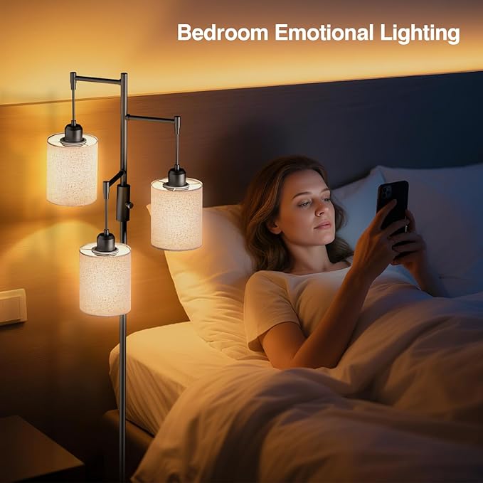 SIBRILLE Dimmable Floor Lamp, Tall Standing Lamp with Linen Shade, Industrial Tree Floor Lamps for Living Room Bedroom Office, 3 x 1000LM LED Bulbs Included