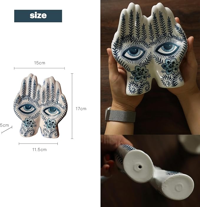 Blue Eye Hand Ceramic Sculpture, Modern Abstract Art Decor Figurine, Hand Shaped Blue Floral Ornament for Living Room, Bookshelf, Office, Home Decor,Decoration Gift